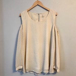 Cream Sheer Polka Dot Cold-Shoulder Blouse